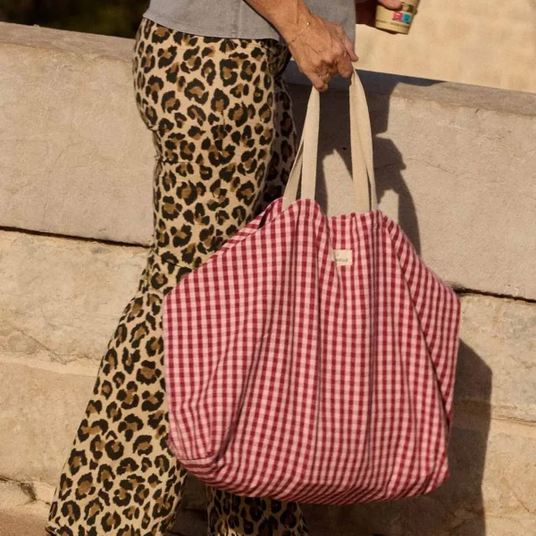 Sac de plage en coton vichy cerise
