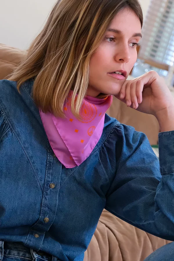 Foulard bandana soie - Rose et orange – Image 3