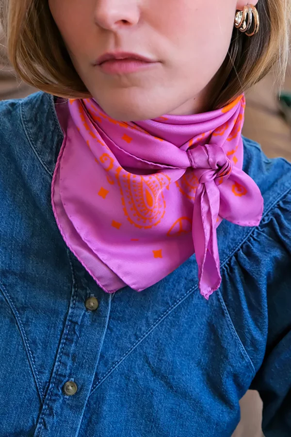 Foulard bandana soie - Rose et orange